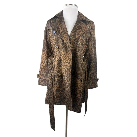 Cachè Leopard Animal Print Trench Coat Large Belted Lined Old Money Y2k Style - Picture 3 of 16